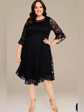 Kiyonna Onyx Livi Lace Cocktail Dress with Flared Sheer Sleeves Size 1X NWT